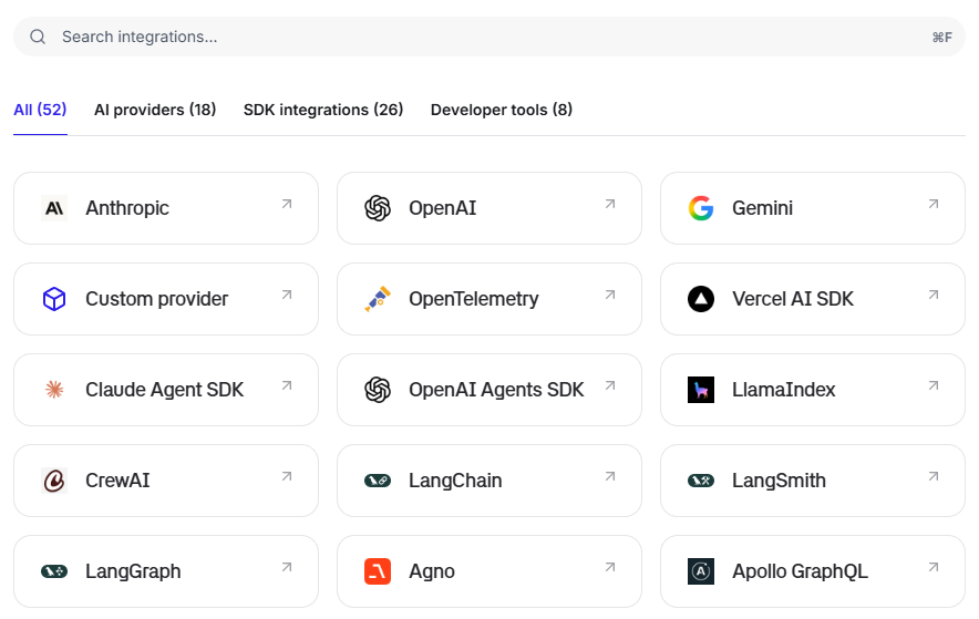 Braintrust integrations page showing supported AI providers, SDK integrations, and developer tools